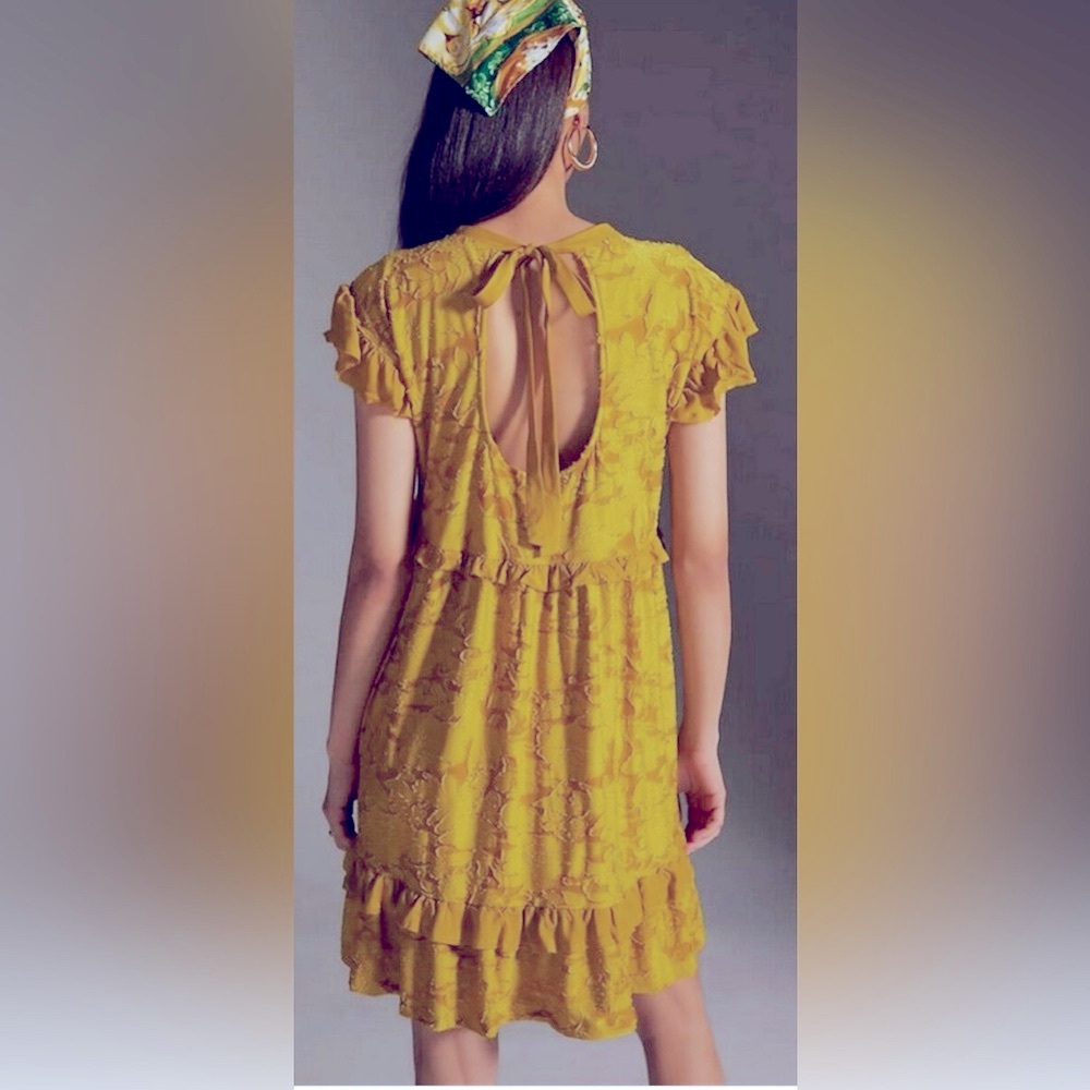 Anthropologie Mustard Yellow Ruffle Mini Dress - Picture 2 of 12